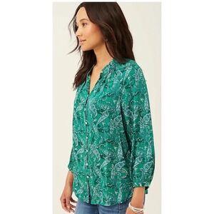 J. Jill Women Button Front Blouse 2X Green‎ Paisley Ruffle Neck Coastal Resort